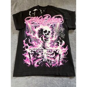 Evil Vice Flaming Skull Graphic T-Shirt Black Pink Purple Streetwear Mens L